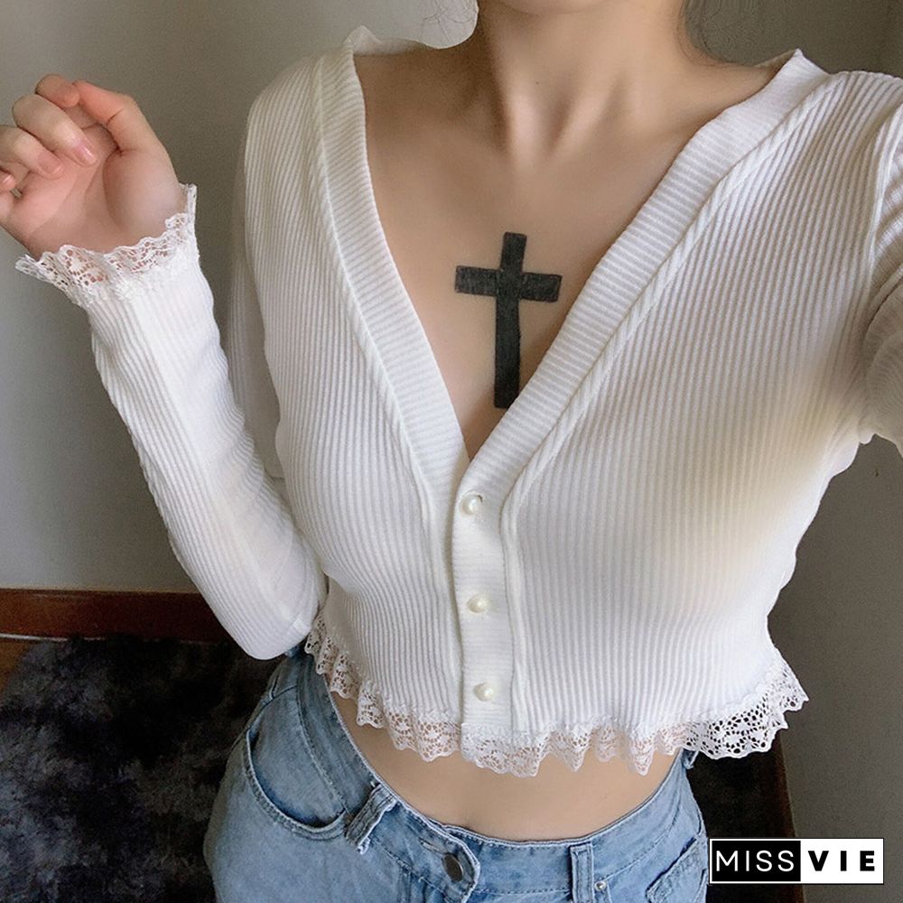 V-neck Long Sleeve Cardigan Lace Crop Top