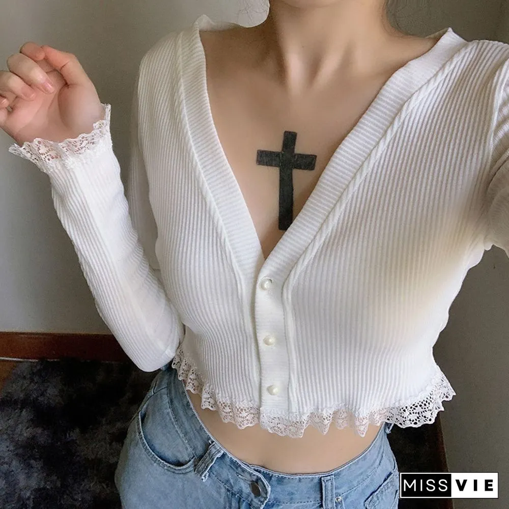 V-neck Long Sleeve Cardigan Lace Crop Top