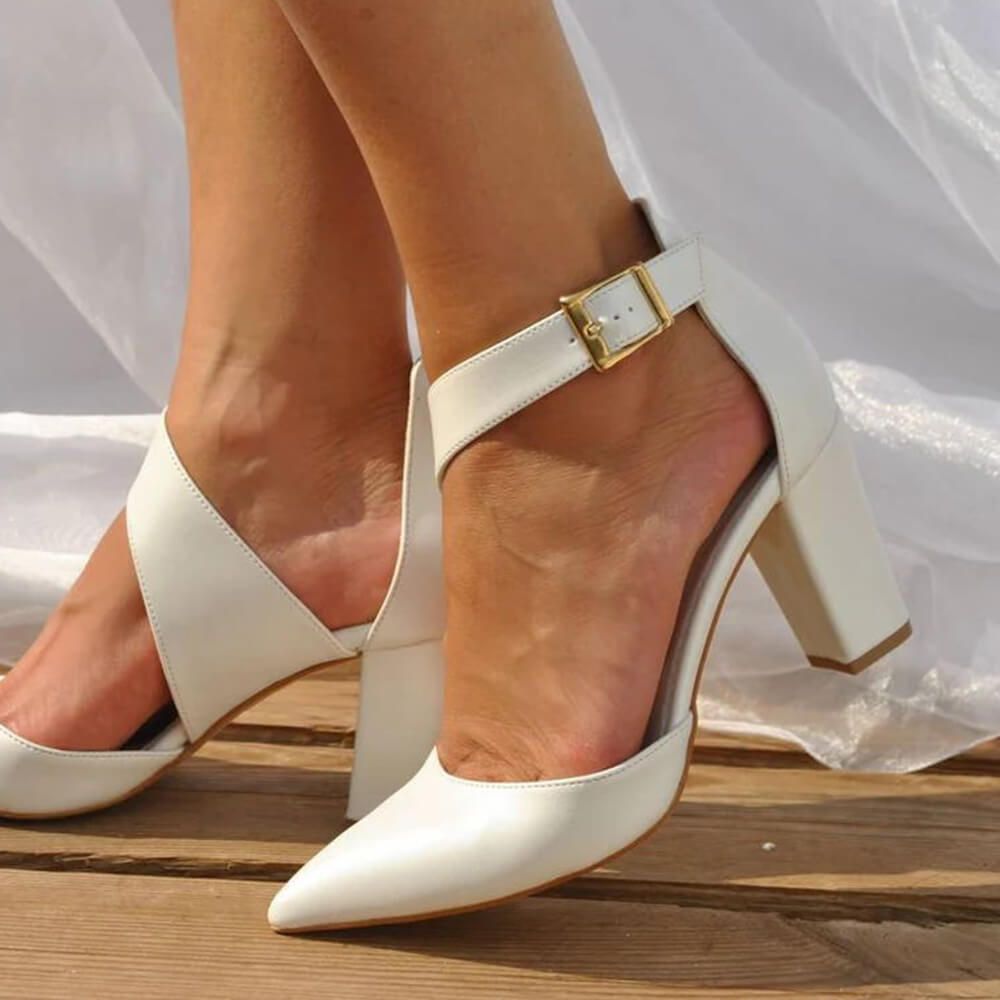 Elegant White Pointed Toe Buckle Strap Cut Out Block Heel Pumps Nicepairs