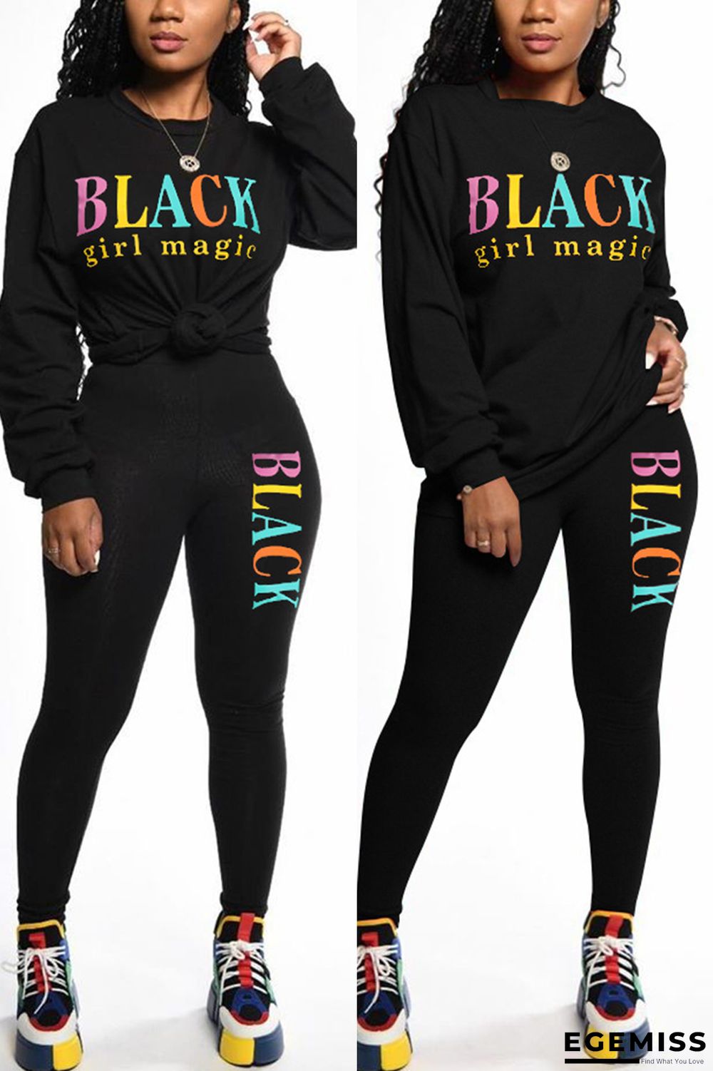 Black Fashion Casual adult Ma'am Letter Print Two Piece Suits pencil Long Sleeve Two Pieces | EGEMISS