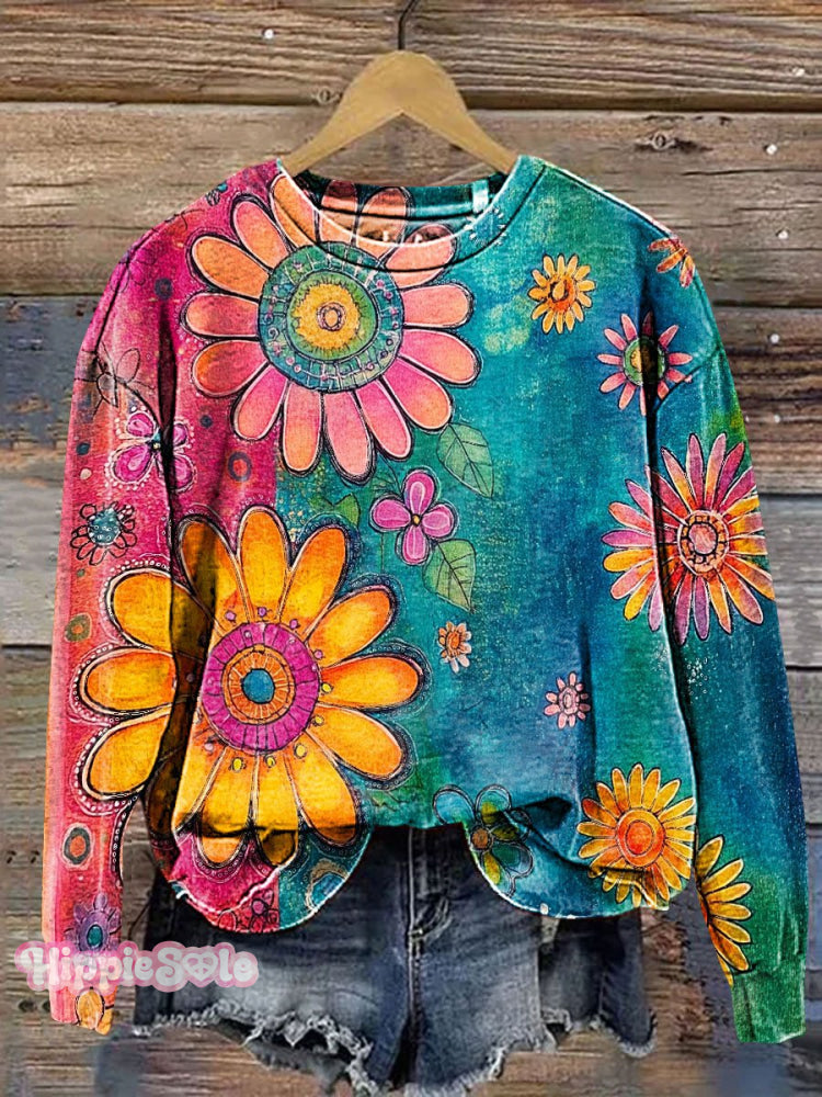 Vintage Floral Colorful Art Print Casual Sweatshirt Multicolor / S