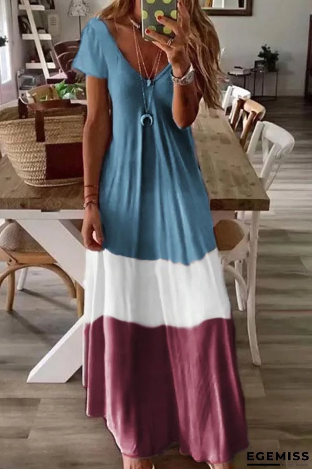 Color-block V-neck Short Sleeves A-line Holiday Maxi Dress | EGEMISS