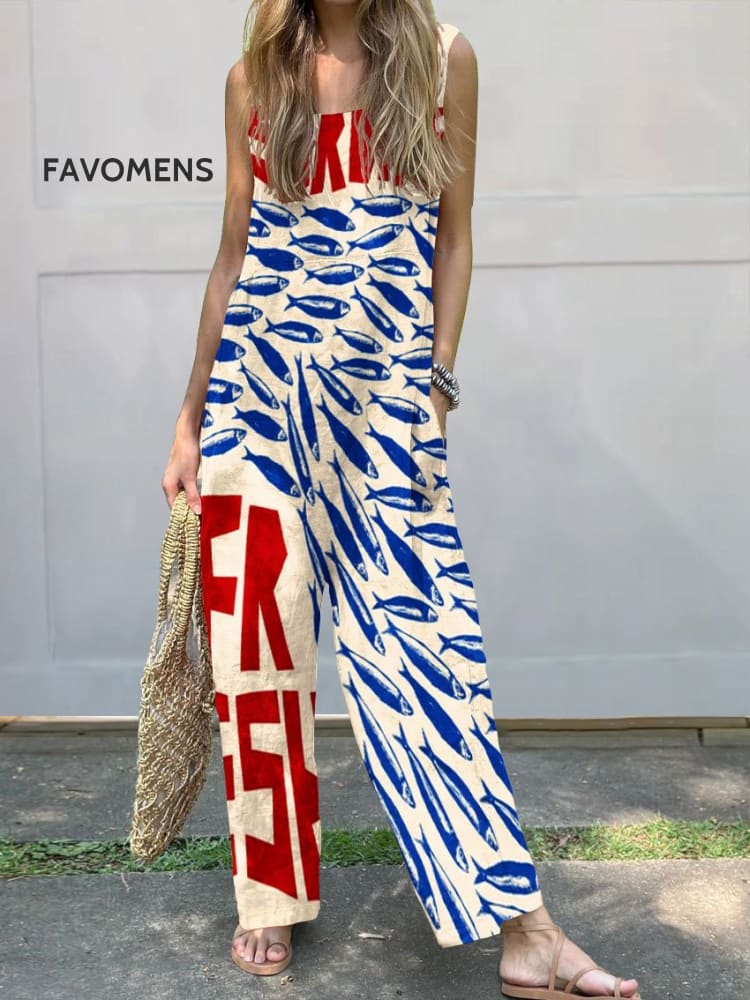 Women&rsquo;s Vintage Fish Sardines Art Print Casual 100% Cotton Wide Leg Jumpsuit Multicolor / S