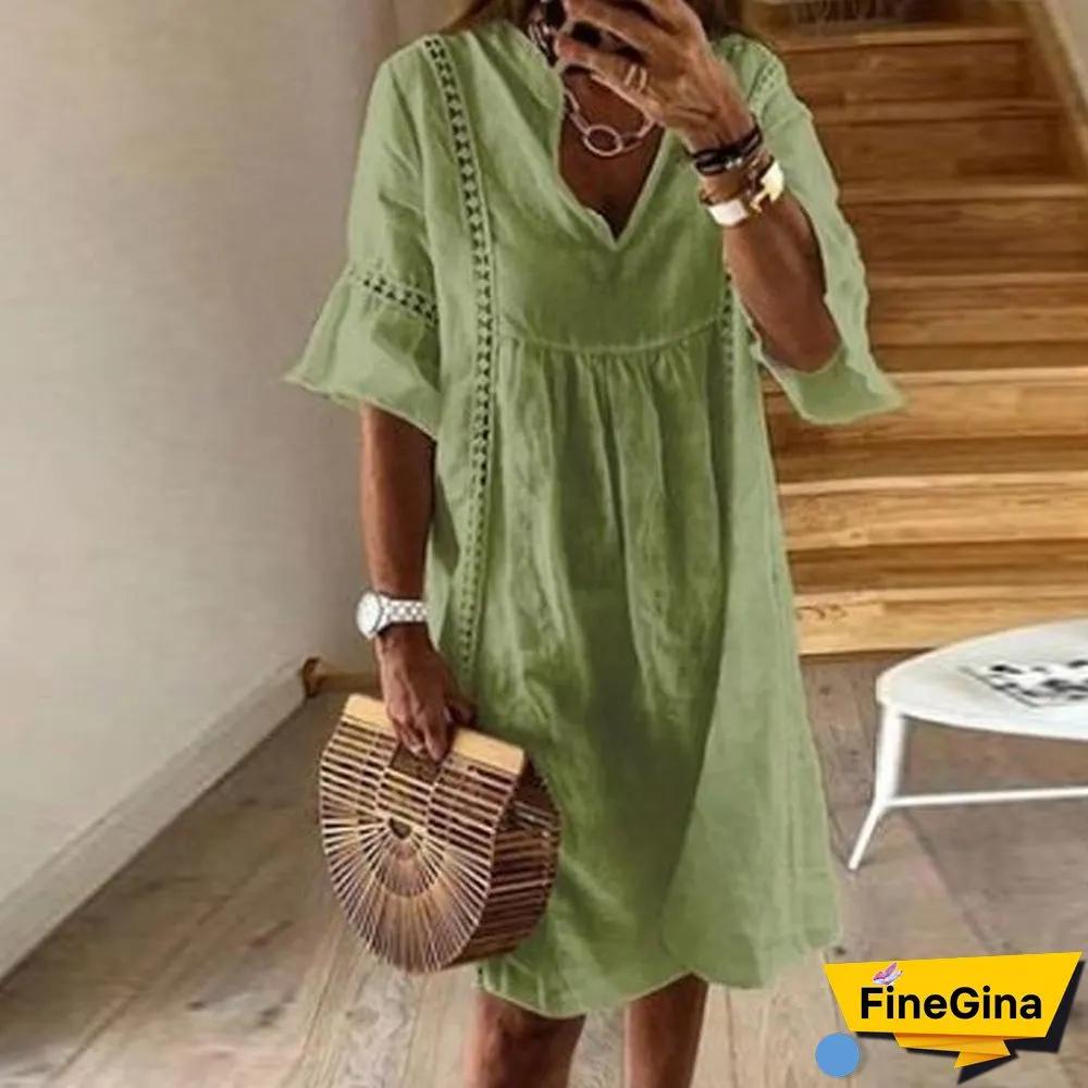 Women Sexy Hollow Out V-neck Mini Dress Floral Print Patchwork Dress Casual Beach Dress