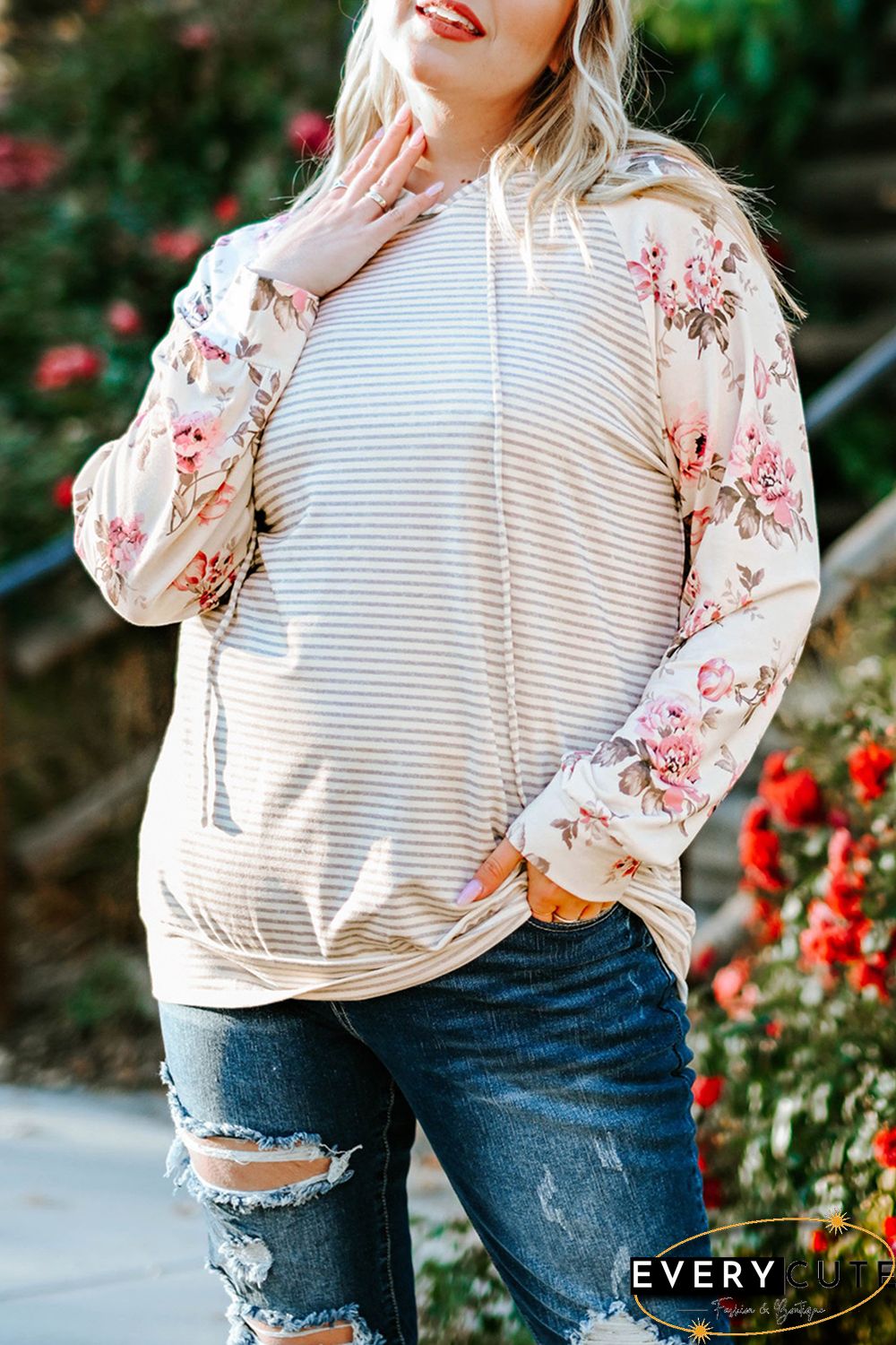 Plus Size Floral Raglan Sleeve Striped Hoodie