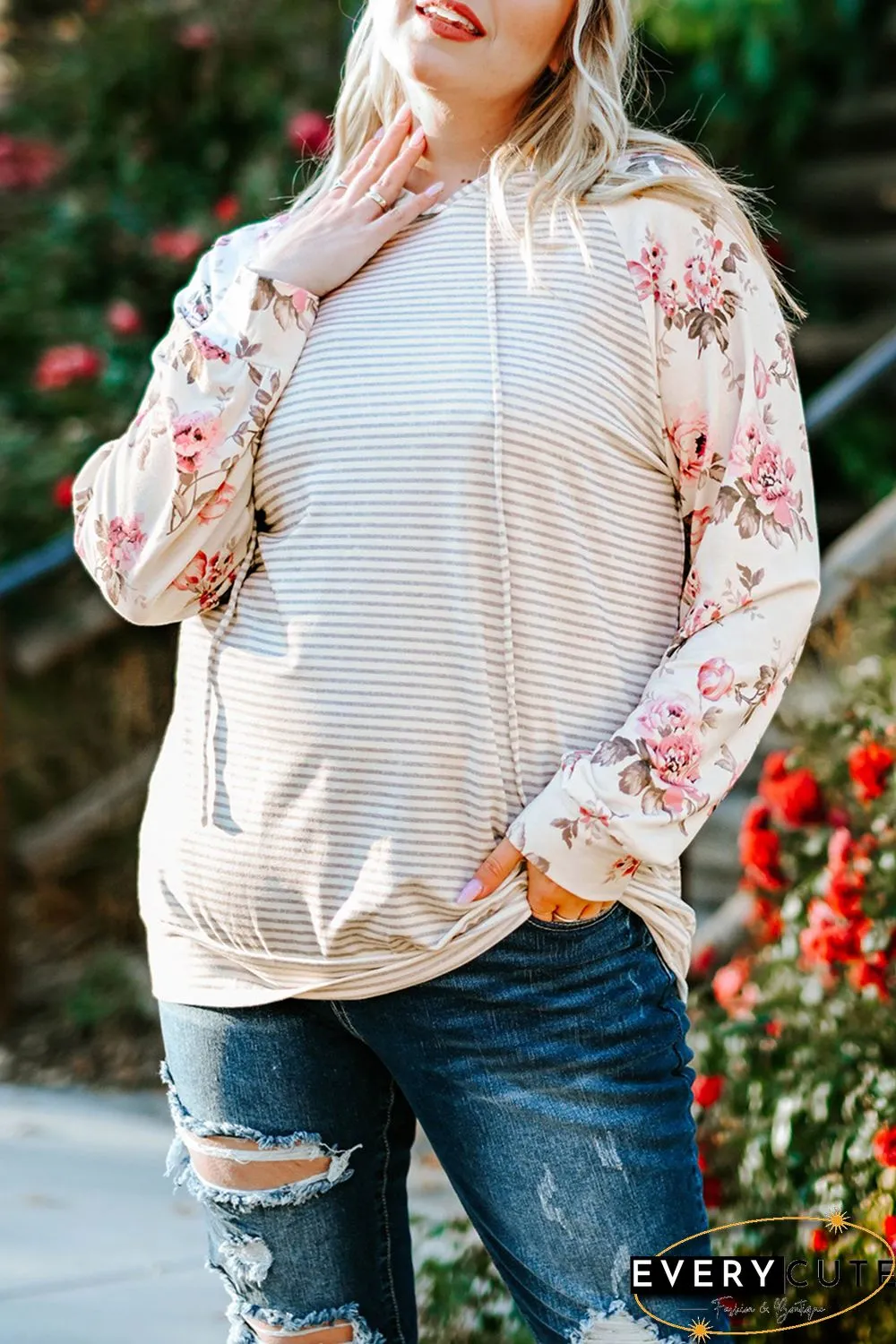 Plus Size Floral Raglan Sleeve Striped Hoodie