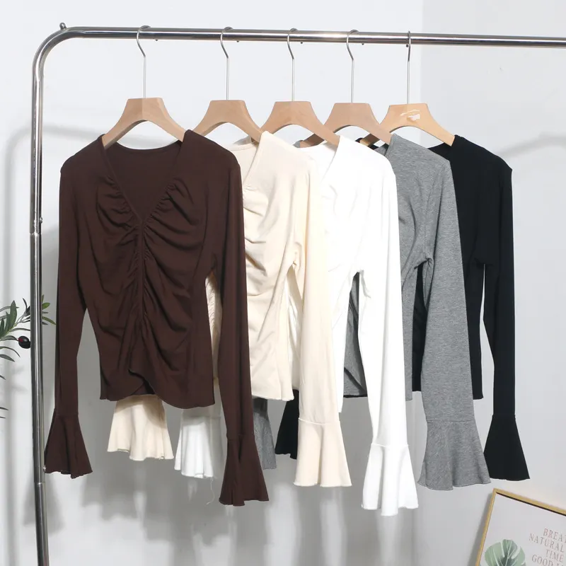 Churchf Real Shooting 2024 Autumn Dress Sexy V-Neck Folded Open Fork Short High-Waisted T-Shirt Horn Long Sleeve Bottom Top 161
