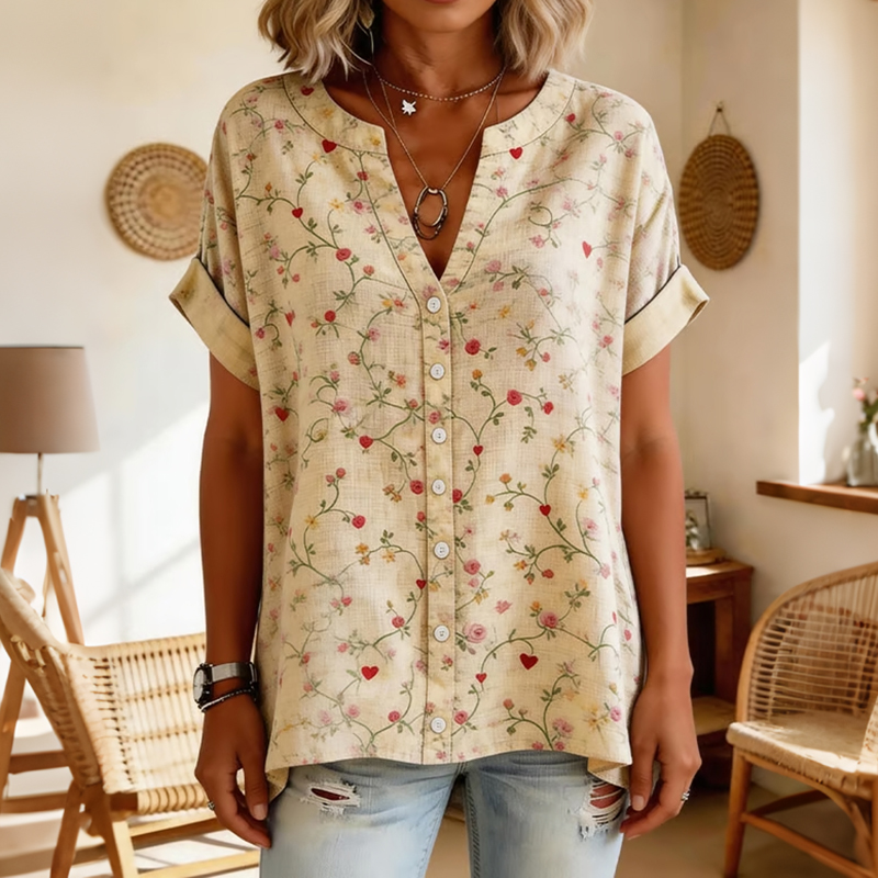 Comstylish Women's Casual Retro Floral Artistic Art Print Cotton Tops