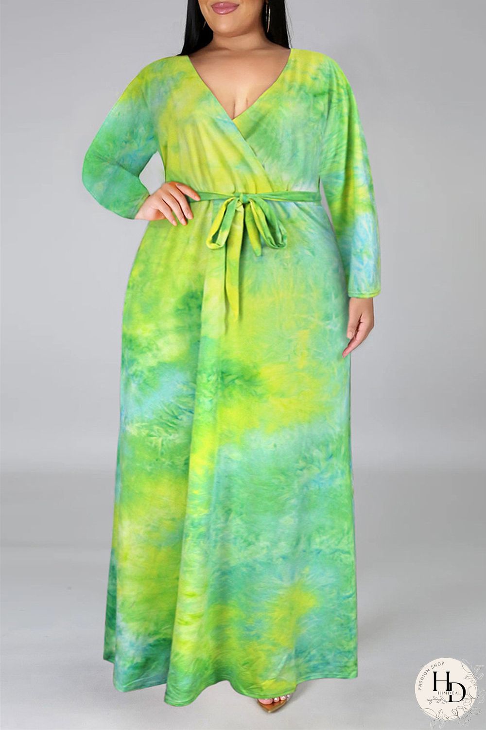 Colour Fashion Casual Print Tie-dye V Neck Long Sleeve Plus Size Dress