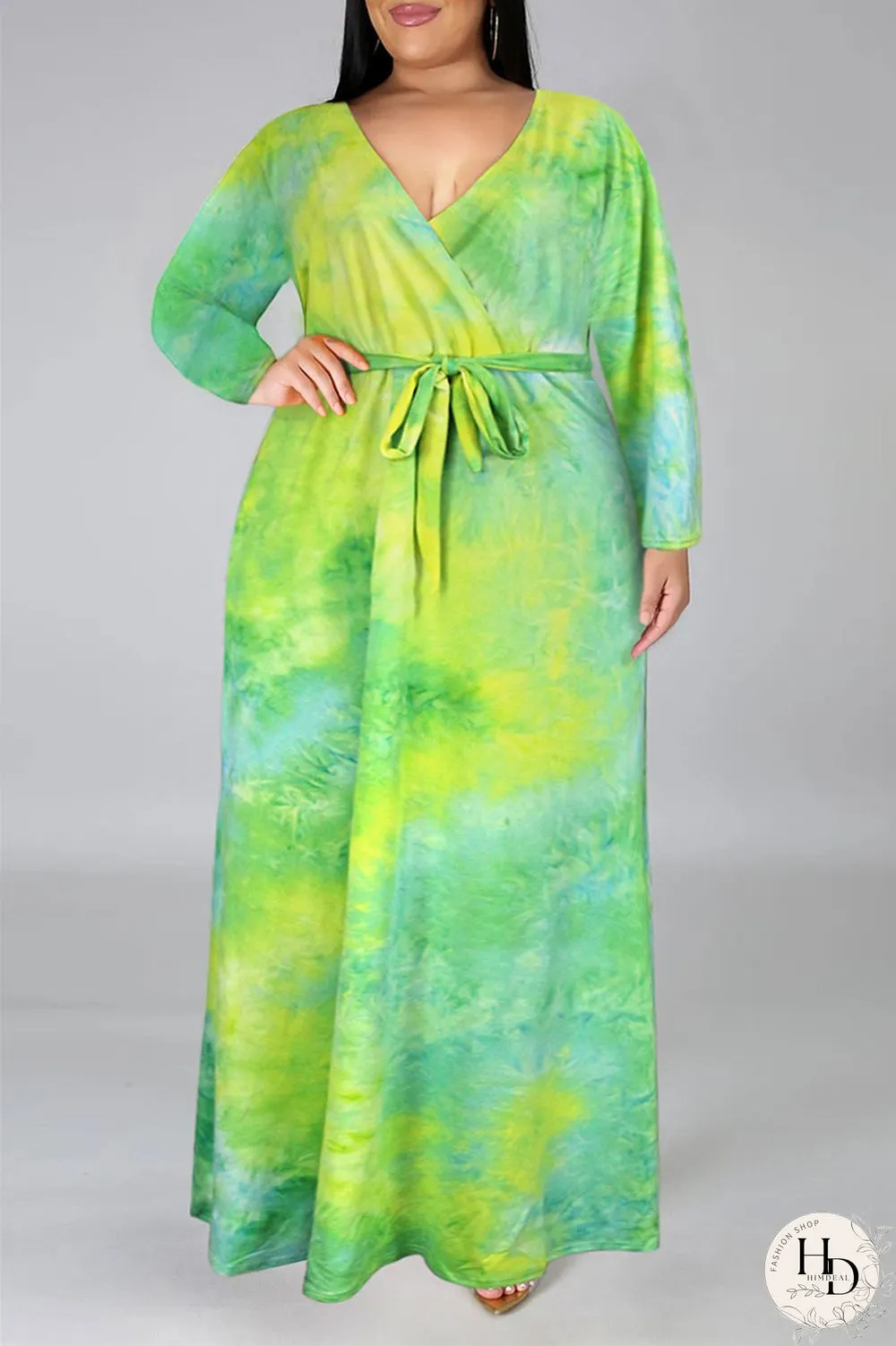 Colour Fashion Casual Print Tie-dye V Neck Long Sleeve Plus Size Dress