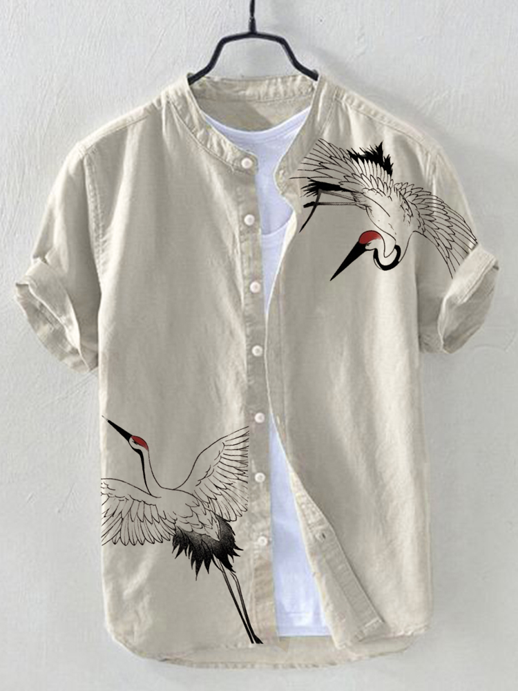 Cranes Japanese Art Linen Blend Shirt  artssus