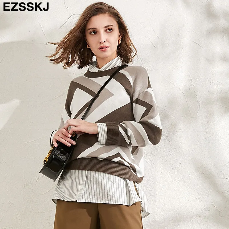 Autumn Winter O-NECK Argyle Sweater pullovers Women 2021 Female loose outwear  Sweater Pullover female