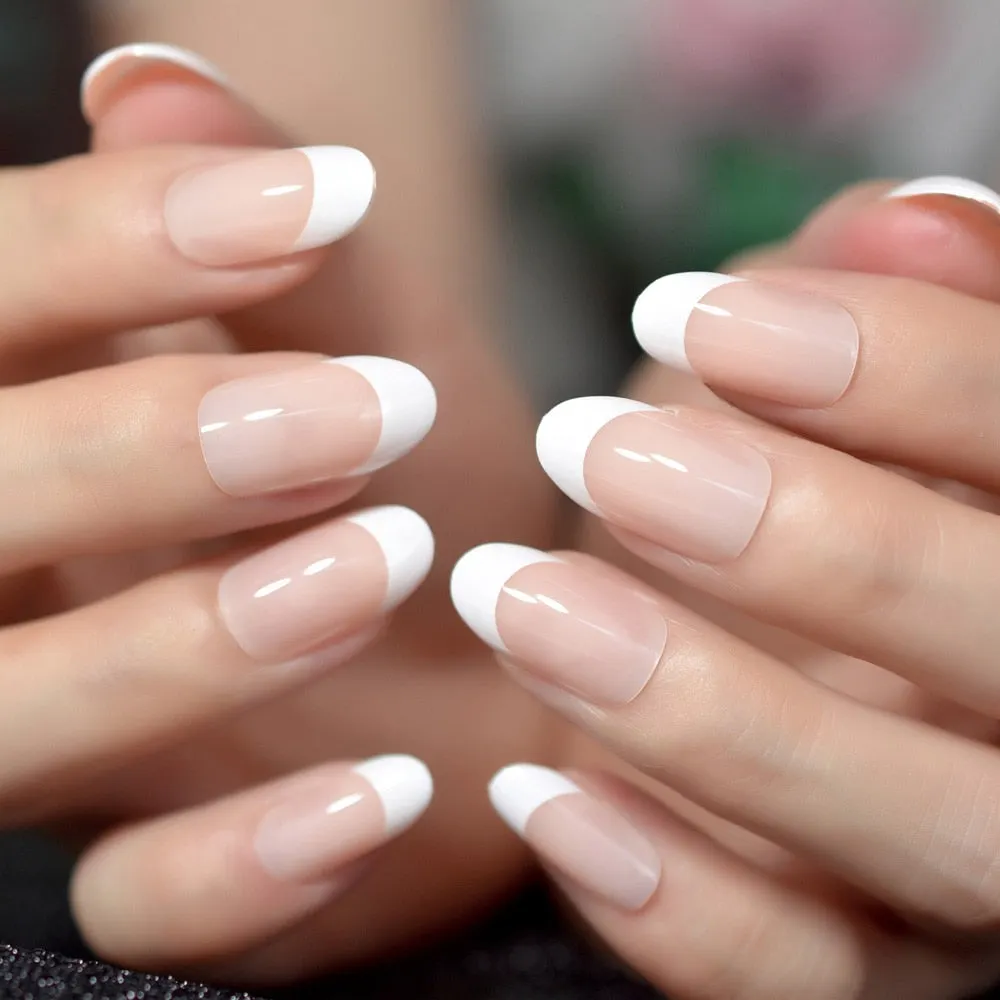 Nail Art Salon Oval Acrylic French Nail Kit Real Medium Length Grace Oval Fake Nails French 24 Tips-Nail Inspo