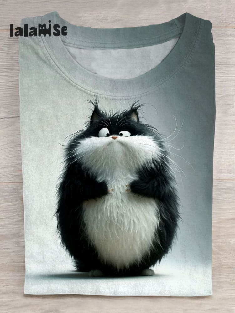 Cute Fluffy Cat Art Print Short Sleeve Casual T - Shirt Shortsleeves / S