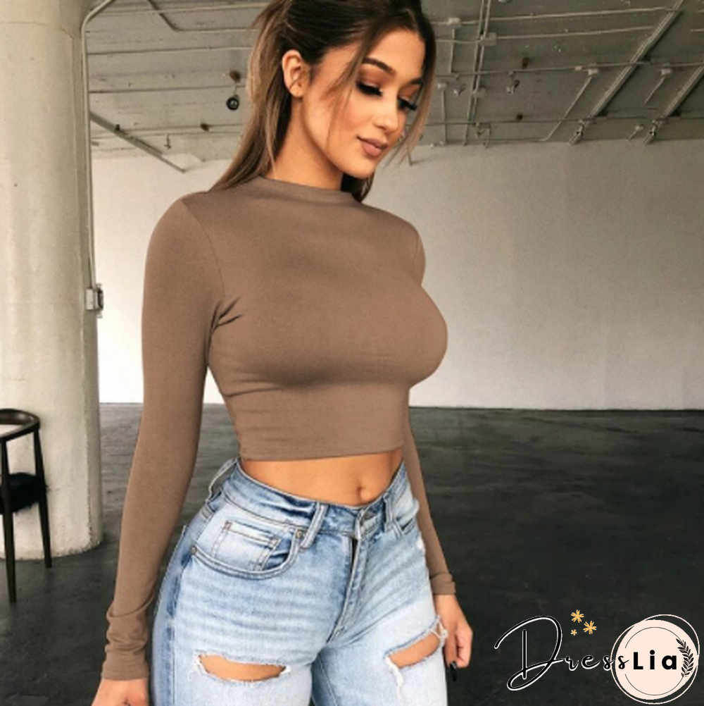 Casual Solid O-Neck Long Sleeve Crop Top Women Side Drawstring Ruched White T-Shirt Female Tee Shirt Top For Women Clothing
