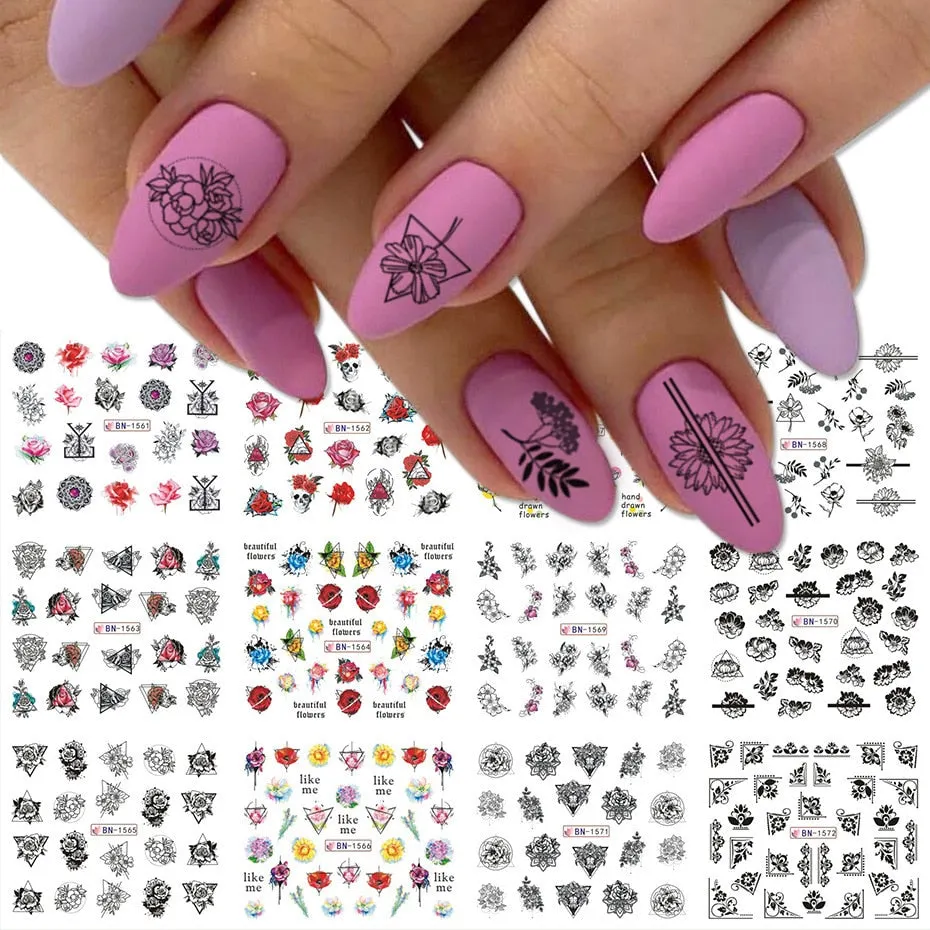 Nail Stickers Water Transfer Colorful Art Flowers Designs 12Pcs/Set Nail Decal Decoration Tips For Beauty Salons-Nail Inspo