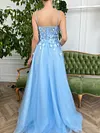 Sky Blossom Baby Light Pale Blue Prom Dress 3D Flowers Floral Applique Thin Spaghetti Strap Tulle A Line High Leg Split Formal Sweetheart