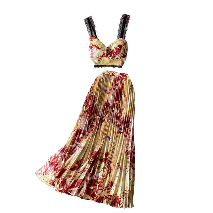 Bohemian Style High Waist Pleated Two Piece Set Long Maxi Casual