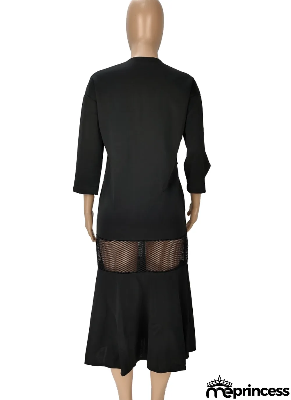 Women Spring Black Mesh Patch Mermaid Long Jacket
