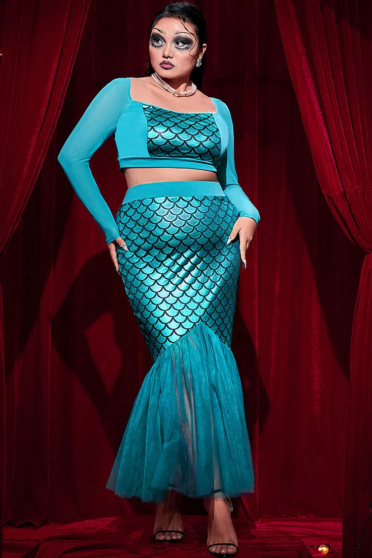 Xpluswear Design Plus Size Halloween Costume Blue Mesh Mermaid Square Neck Glitter Two Piece Crop Top Skirt Set（Ships 24h） 2024 - Xpluswear