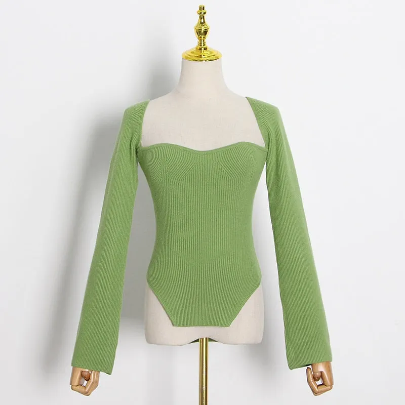 TWOTWINSTYLE White Side Split Knitted Women's Sweater Square Collar Long Sleeve Sweaters Female Autumn Fashion New Clothes 2020