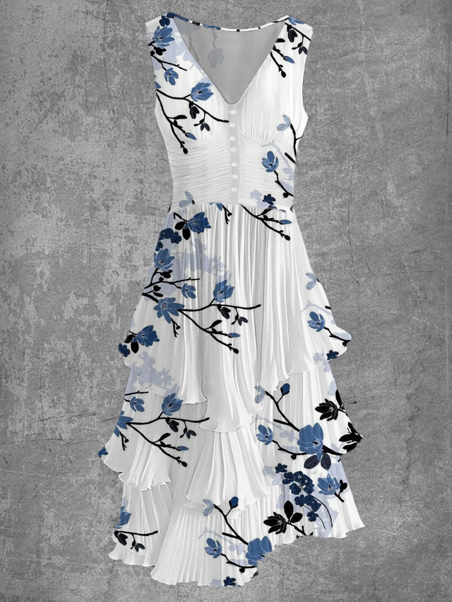 Floral Art Print Sleeveless V-Neck Button Up Retro Midi Dress