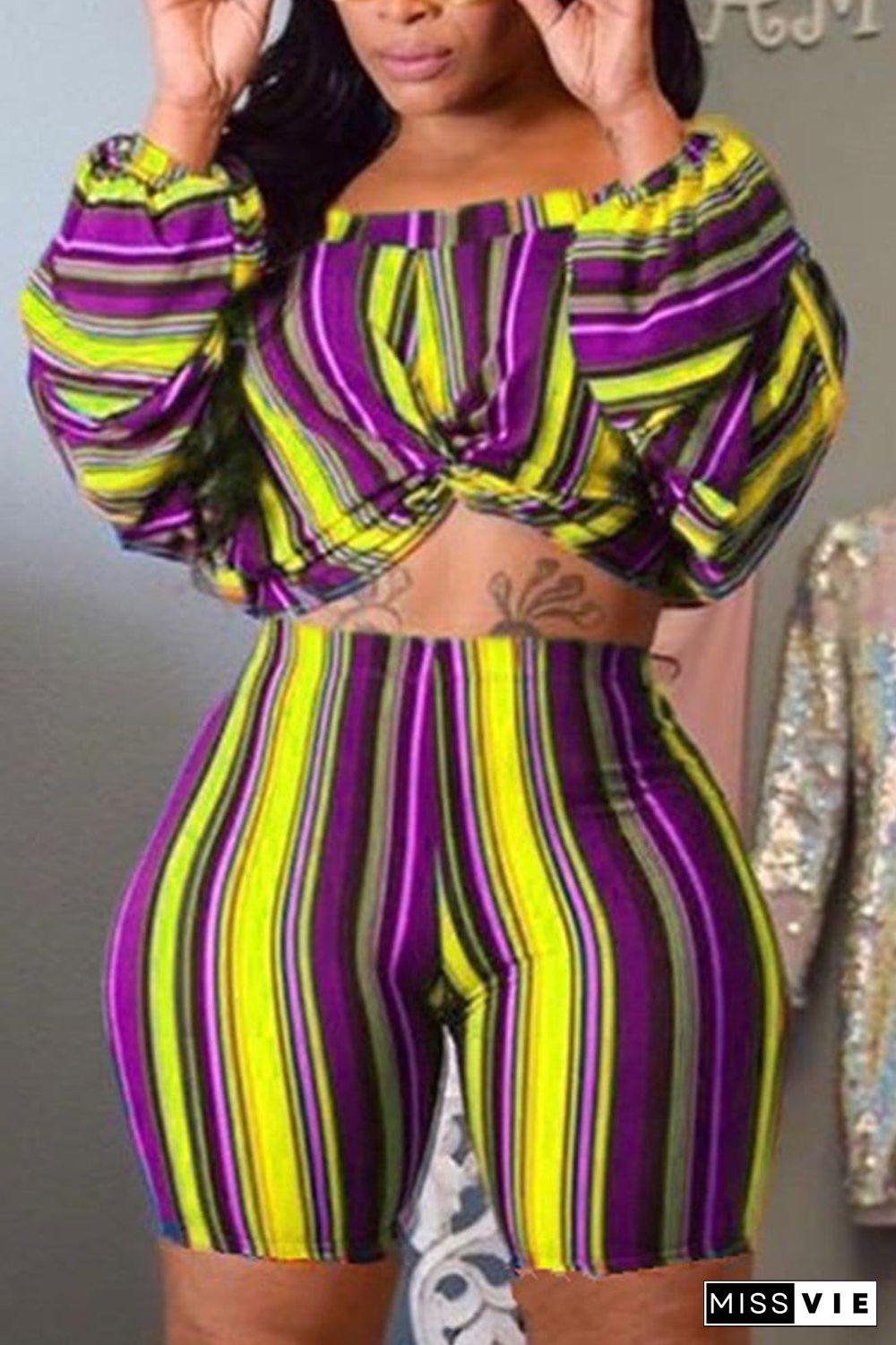 Fashion Stripe Printing Shorts Set