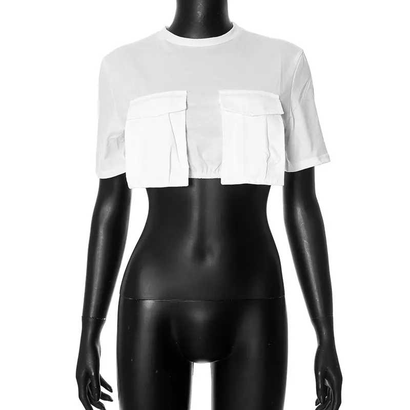 Brownm Brownm Women's Summer New Fashion Wear Round Neck Short Sleeves Pocket Ultra-Short T-Shirt Top