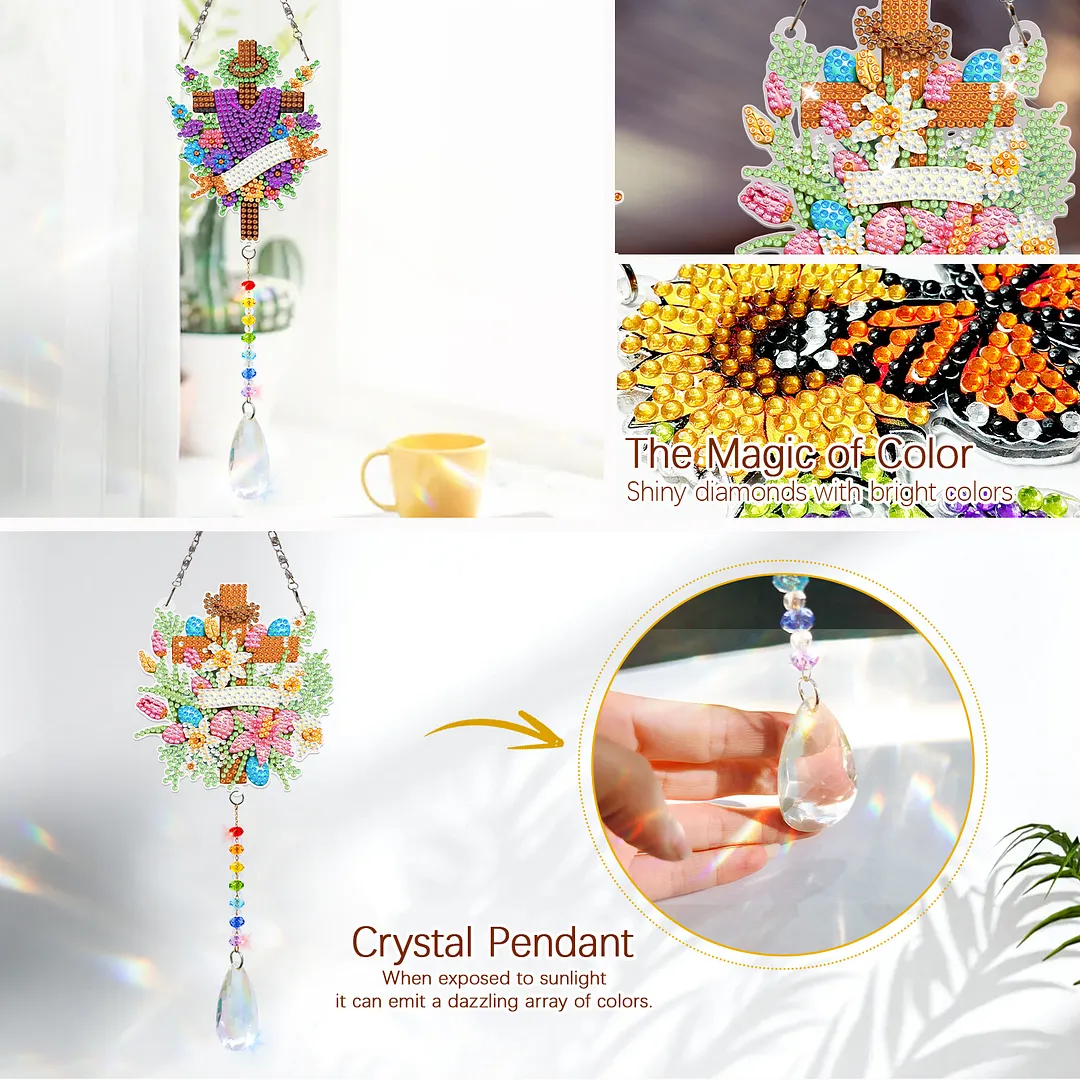 2Pcs Cross Faith DIY Acrylic Diamond Painting Art Wind Chimes with Crystal Pendant Diamond Art Hanging Pendant Double-Sided for Adults Beginners Gift Home Garden Decor