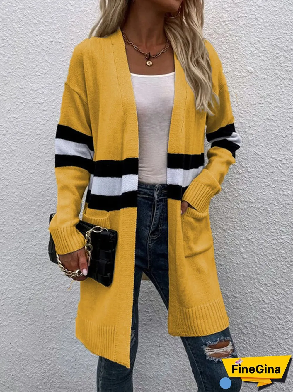 Women's V-neck Stitching Sweater Cardigan Jacket Mid-length Coat