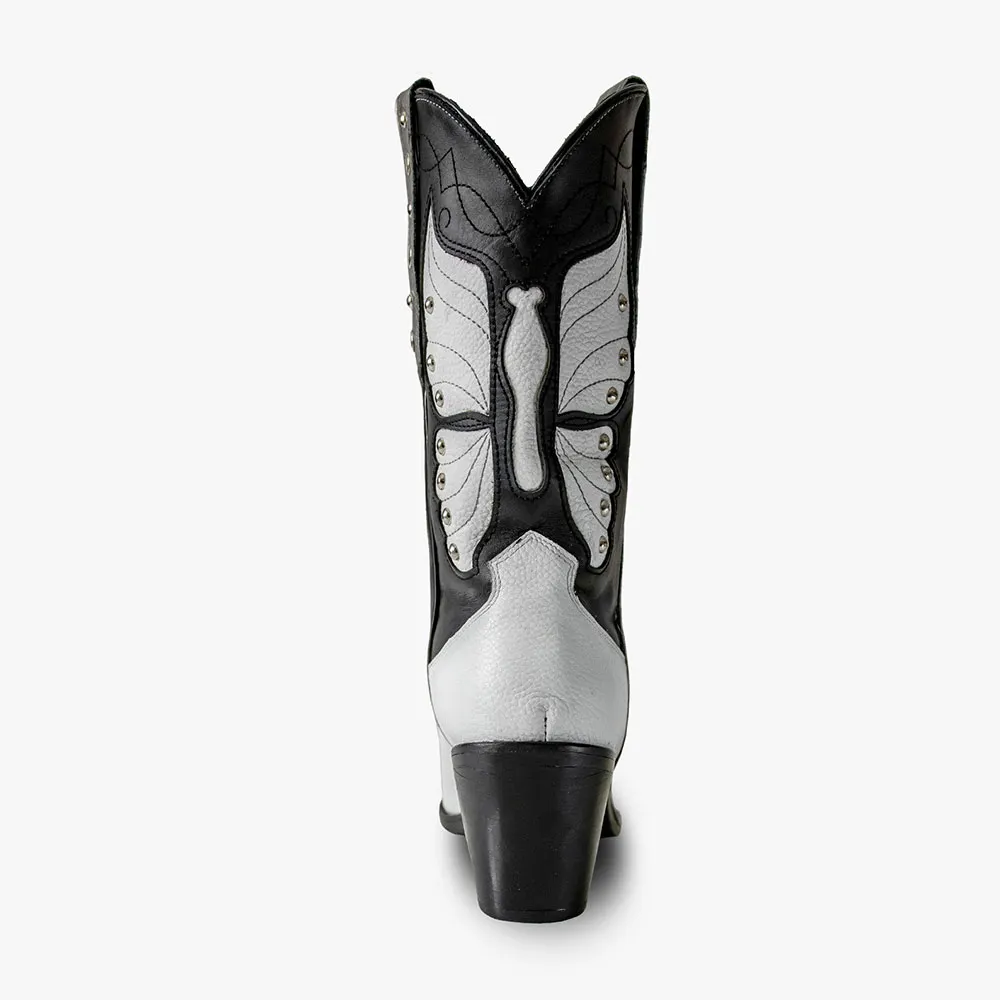 Black & White Pointed Toe Chunky Heel Studded Western Boots for Women