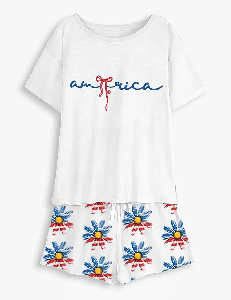 Women's 4th Of July Daisy  Coquette America Bow Short Sleeve Pajama Set
