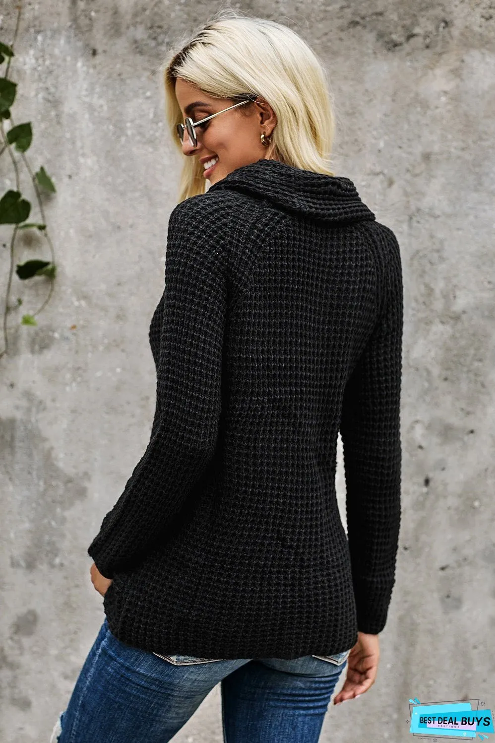 Black Buttoned Wrap Turtleneck Sweater