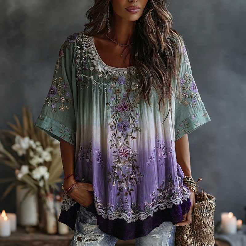Comstylish Classy Gradient Purple Lavender And Floral Art Linen Short Sleeve Shirt