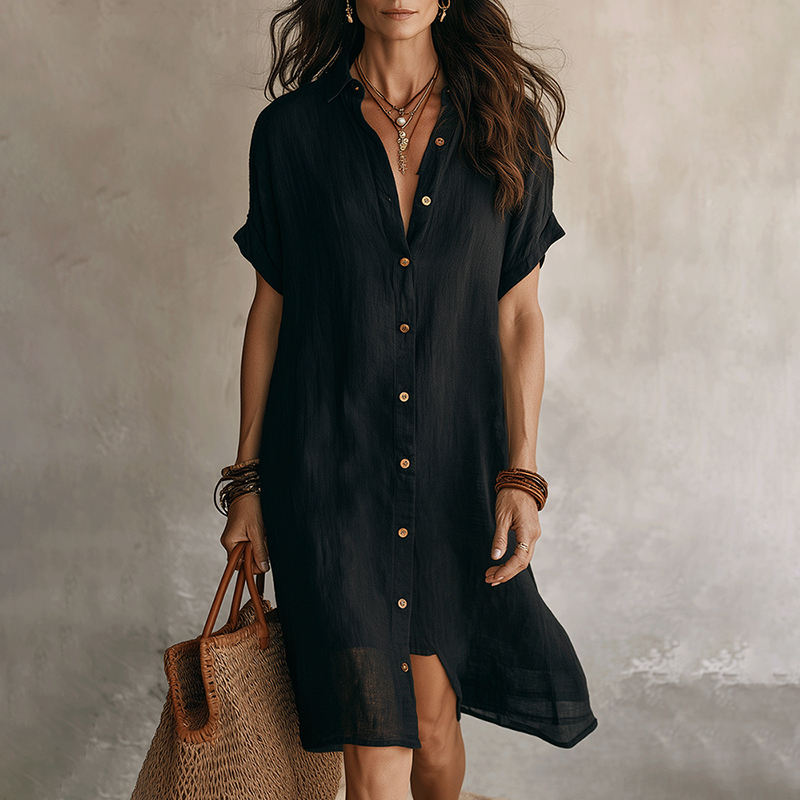 Women's Solid Color Boho Effortless Black Linen Relaxed Midi Dress elevenforest