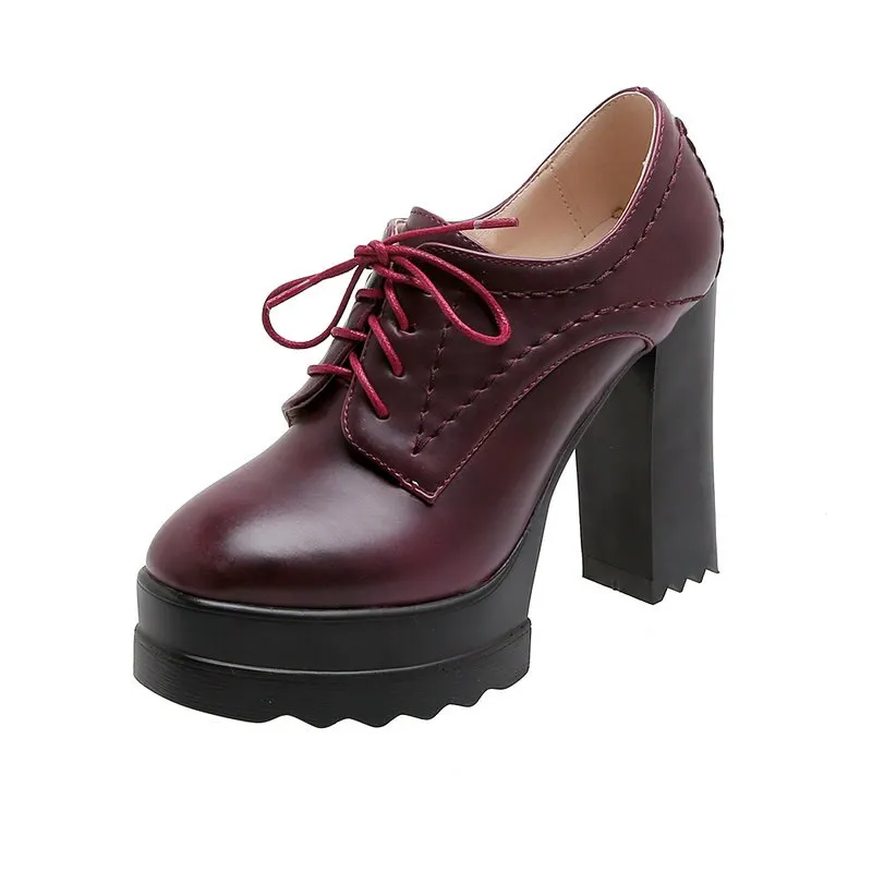 2021 New Elegant Square High Heel Lace Up Women Pumps Square Toe Platform Spring Autumn Casual Women's Shoes Size 34-42