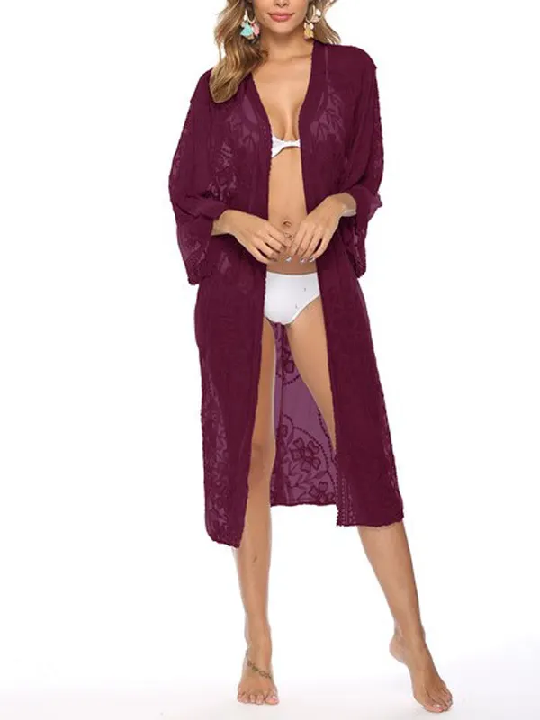 Floral Printed Lacy See-Through Split-Joint Half Sleeves Loose Cover-Ups Tops