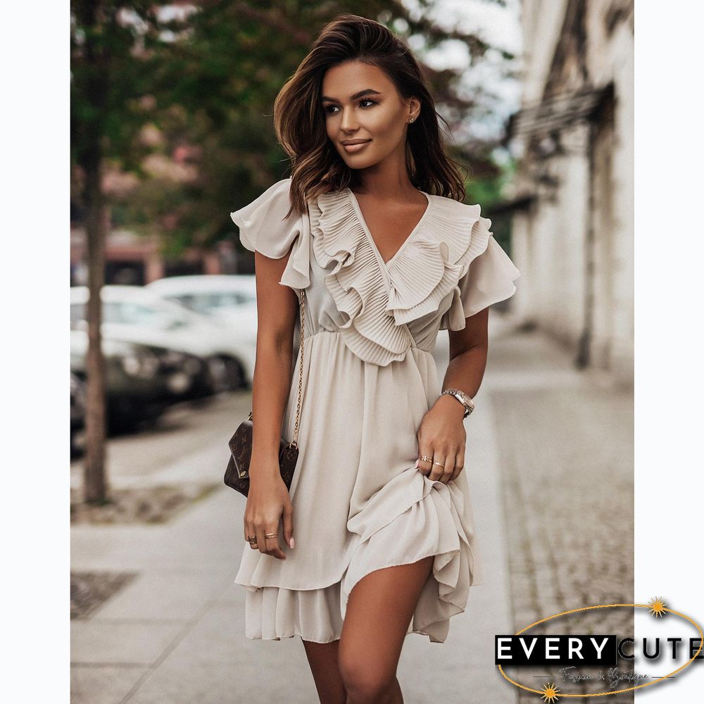 Elegant Fashion Ruffle Short Sleeve Dress For Women Summer Dresses New Chic V-Neck Solid Slim High Waist Mini Dress
