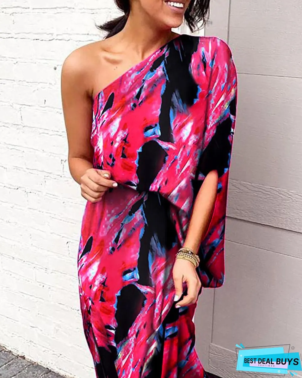 Colorful Print One Shoulder Slit Dress