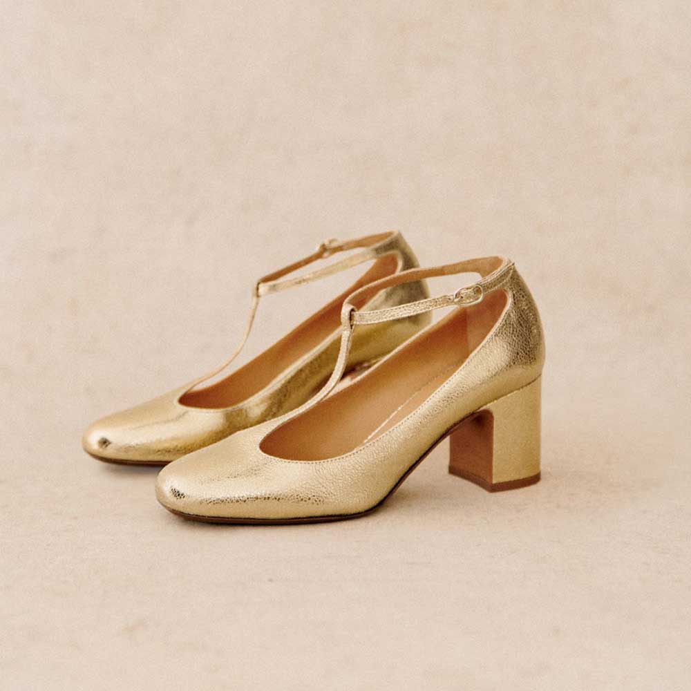 Gold Metallic Round Toe Block Heel T-Strap Vintage Pumps for Women Nicepairs