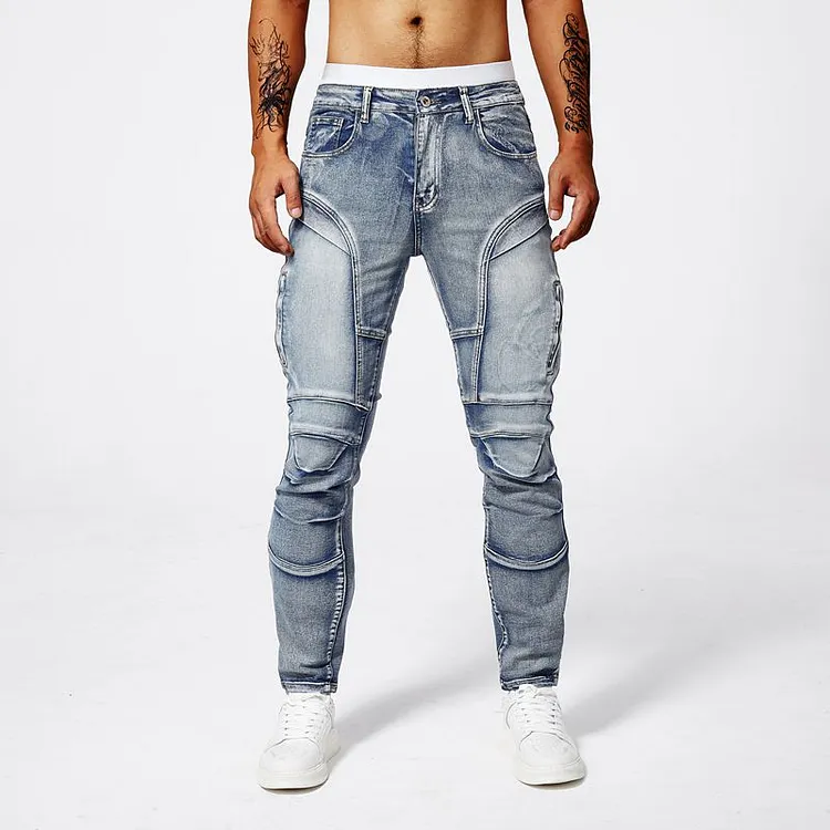 Grunge Two Tone Patchwork Skinny Jeans for Men | Distressed Slim Leg Streetwear Denims slim fit small leg distressed jeans