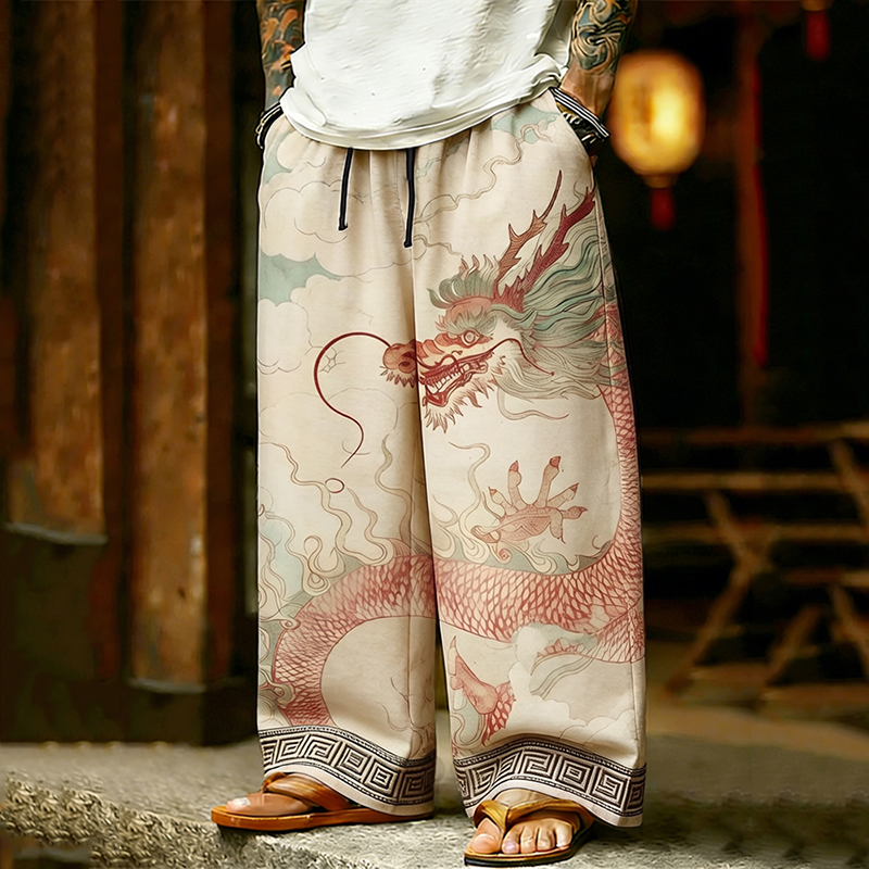 Men's Japanese Dragon Art Pattern Comfy Pants elevenforest