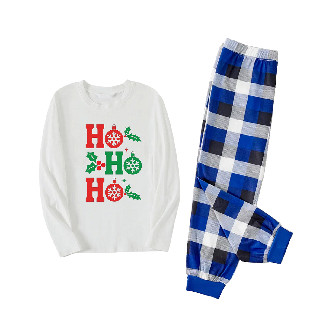 "HO HO HO" Letter Christmas 2024 Blue & White Long Sleeve Top with Blue & Black & White Plaid Family Matching Pajamas