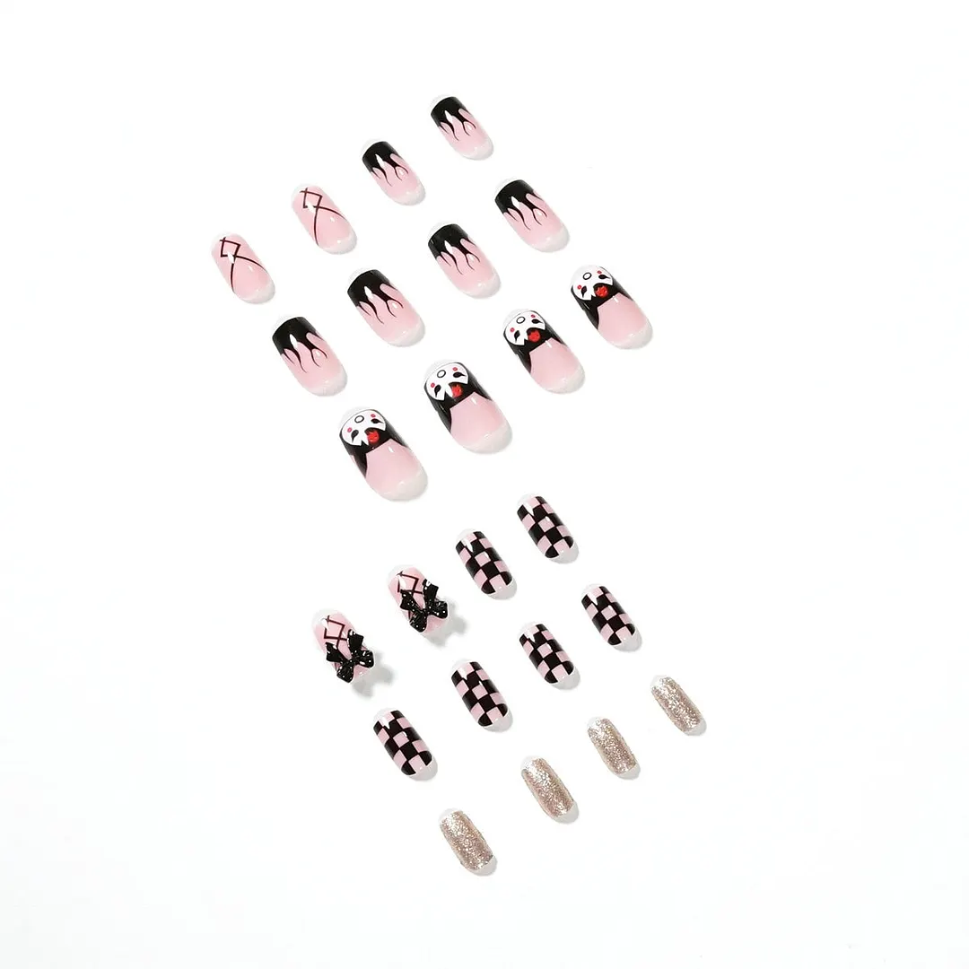 Fake Nails Kurumi Checkerboard Flame Full Cover Fake Nails DIY Glue Press On Nails Nail Supplies For Professionals-Nail Inspo