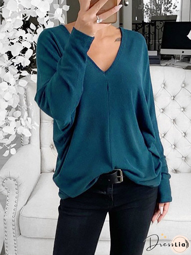 Women's T-Shirts Simple V-Neck Off-Shoulder Long Sleeve T-Shirt