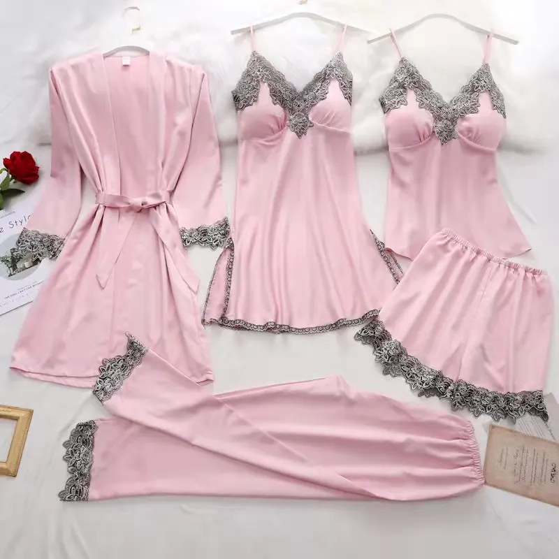 Churchf Simulation Silk Pajamas Lingerie Five-Piece Set Slings Sexy Lady Bathrobe Home Clothes Pajamas