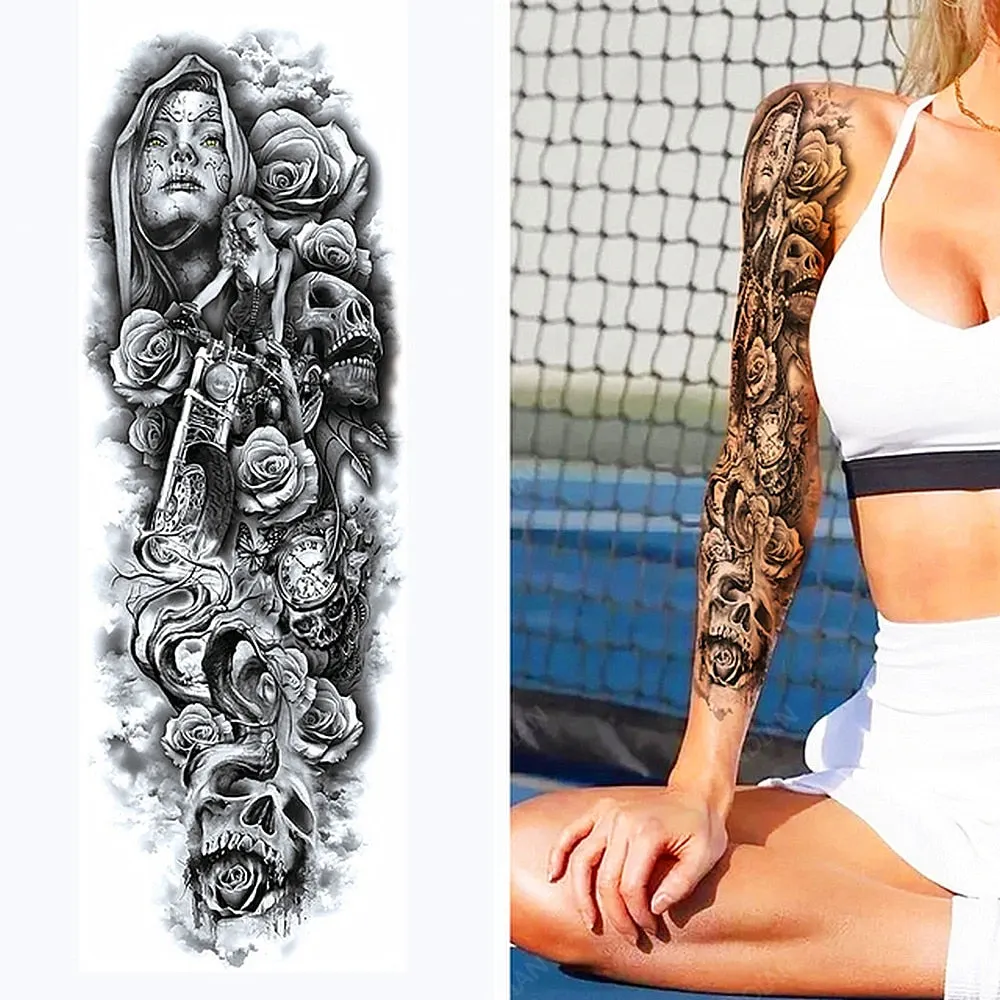 Large Arm Sleeve Tattoo Rose Lion Wolf Waterproof Temporary Tatto Sticker Flower Clock Waist Leg Body Art Full Fake Tatoo Women