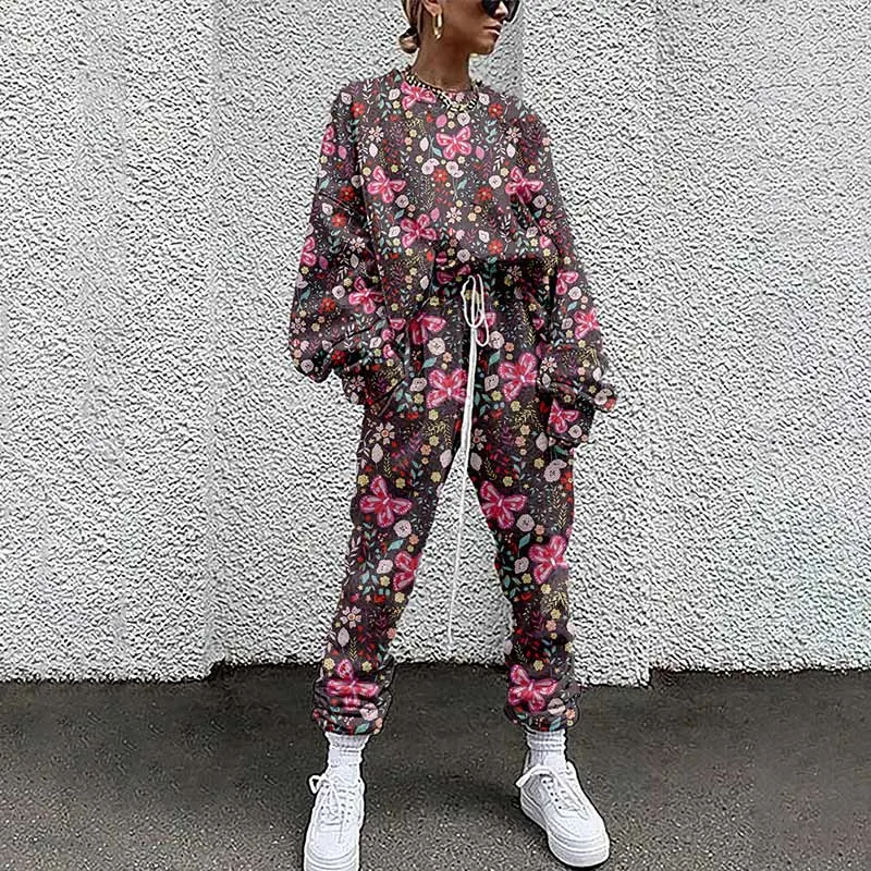 Women Tracksuit Two Piece Pullovers Cloting Long Sleeve Tie-dye Print Female Tops And Elastic Waist Pants Slim Casual Streetwear