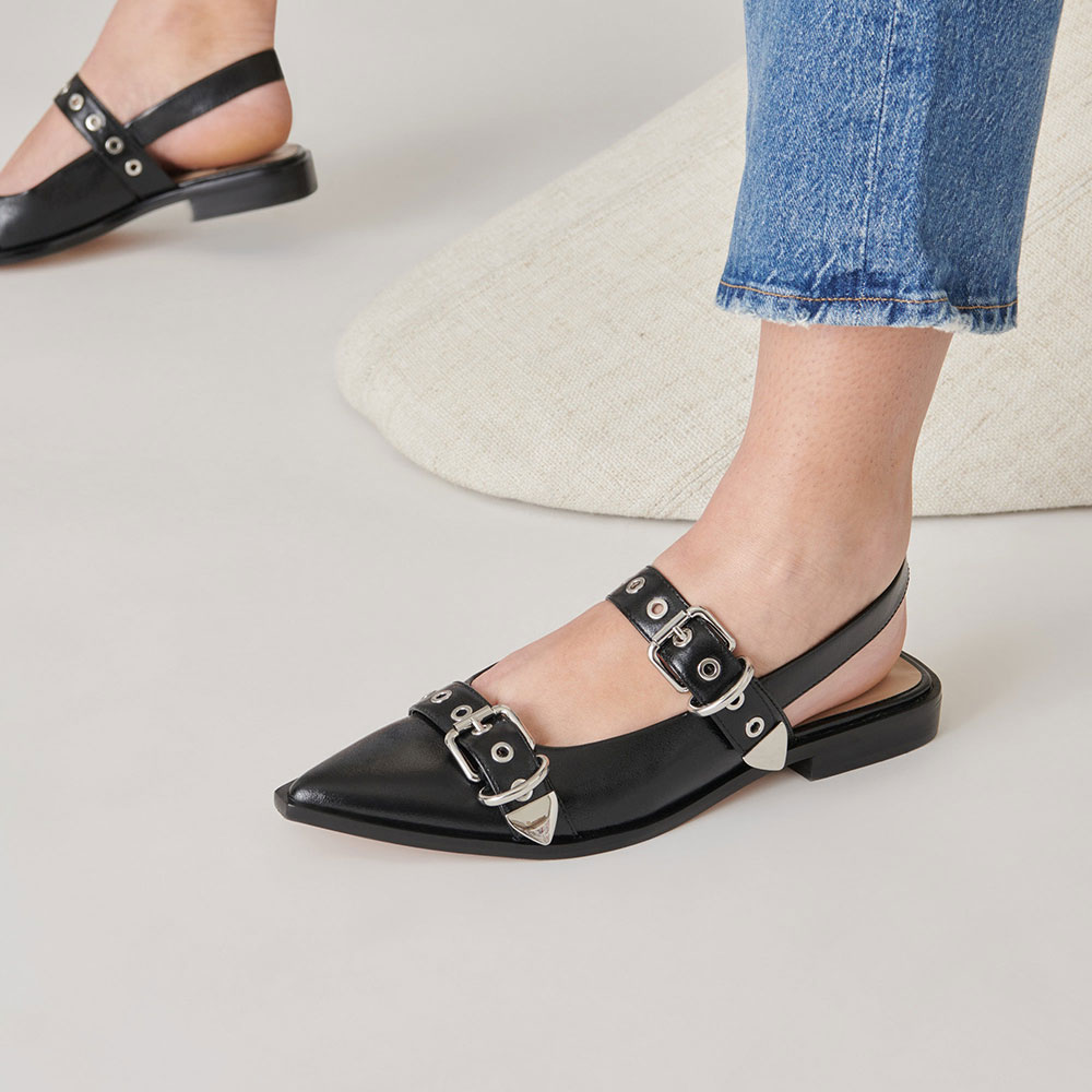 Black Vegan Leather Pointed Toe Flat Studded Slingback Strappy Shoes