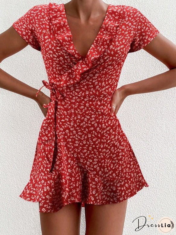 Dresses Floral V-Neck Ruffled Lace-Up Dress for Women
